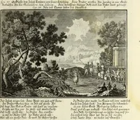 An illustration from Biblisches Engel- u. Kunst Werck : alles das jenige, was in heiliger göttlicher Schrifft Altes und Neuen Testaments von den heiligen Engels Gottes ... zu finden ist ... in zierlichen Kupffern, mit beygefüngten teutschen Erklärungs und Andachs-Reimen vorstellend (1705)