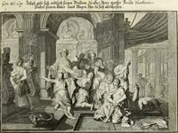An illustration from Biblisches Engel- u. Kunst Werck : alles das jenige, was in heiliger göttlicher Schrifft Altes und Neuen Testaments von den heiligen Engels Gottes ... zu finden ist ... in zierlichen Kupffern, mit beygefüngten teutschen Erklärungs und Andachs-Reimen vorstellend (1705)