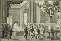 An illustration from Biblisches Engel- u. Kunst Werck : alles das jenige, was in heiliger göttlicher Schrifft Altes und Neuen Testaments von den heiligen Engels Gottes ... zu finden ist ... in zierlichen Kupffern, mit beygefüngten teutschen Erklärungs und Andachs-Reimen vorstellend (1705)