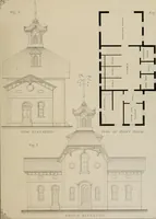 An illustration from Bicknell's village builder. Elevations and plans for cottages, villas, suburban residences, farm houses [etc.] also exterior and interior details for public and private buildings, with approved forms of contracts and specifications. Containing fifty-five plates drawn to scale (1872)