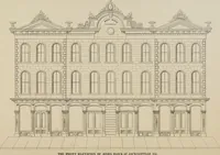 An illustration from Bicknell's village builder. Elevations and plans for cottages, villas, suburban residences, farm houses [etc.] also exterior and interior details for public and private buildings, with approved forms of contracts and specifications. Containing fifty-five plates drawn to scale (1872)