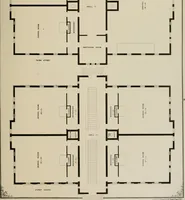An illustration from Bicknell's village builder. Elevations and plans for cottages, villas, suburban residences, farm houses [etc.] also exterior and interior details for public and private buildings, with approved forms of contracts and specifications. Containing fifty-five plates drawn to scale (1872)