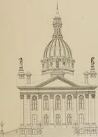 An illustration from Bicknell's village builder. Elevations and plans for cottages, villas, suburban residences, farm houses [etc.] also exterior and interior details for public and private buildings, with approved forms of contracts and specifications. Containing fifty-five plates drawn to scale (1872)