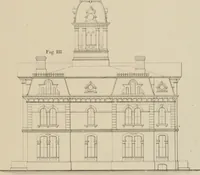 An illustration from Bicknell's village builder. Elevations and plans for cottages, villas, suburban residences, farm houses [etc.] also exterior and interior details for public and private buildings, with approved forms of contracts and specifications. Containing fifty-five plates drawn to scale (1872)