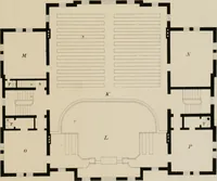 An illustration from Bicknell's village builder. Elevations and plans for cottages, villas, suburban residences, farm houses [etc.] also exterior and interior details for public and private buildings, with approved forms of contracts and specifications. Containing fifty-five plates drawn to scale (1872)