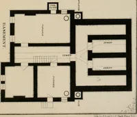 An illustration from Bicknell's village builder. Elevations and plans for cottages, villas, suburban residences, farm houses [etc.] also exterior and interior details for public and private buildings, with approved forms of contracts and specifications. Containing fifty-five plates drawn to scale (1872)