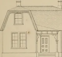 An illustration from Bicknell's village builder. Elevations and plans for cottages, villas, suburban residences, farm houses [etc.] also exterior and interior details for public and private buildings, with approved forms of contracts and specifications. Containing fifty-five plates drawn to scale (1872)