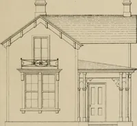 An illustration from Bicknell's village builder. Elevations and plans for cottages, villas, suburban residences, farm houses [etc.] also exterior and interior details for public and private buildings, with approved forms of contracts and specifications. Containing fifty-five plates drawn to scale (1872)