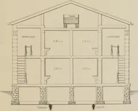 An illustration from Bicknell's village builder. Elevations and plans for cottages, villas, suburban residences, farm houses [etc.] also exterior and interior details for public and private buildings, with approved forms of contracts and specifications. Containing fifty-five plates drawn to scale (1872)