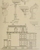 An illustration from Bicknell's village builder. Elevations and plans for cottages, villas, suburban residences, farm houses [etc.] also exterior and interior details for public and private buildings, with approved forms of contracts and specifications. Containing fifty-five plates drawn to scale (1872)