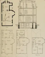 An illustration from Bicknell's village builder. Elevations and plans for cottages, villas, suburban residences, farm houses [etc.] also exterior and interior details for public and private buildings, with approved forms of contracts and specifications. Containing fifty-five plates drawn to scale (1872)