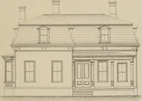 An illustration from Bicknell's village builder. Elevations and plans for cottages, villas, suburban residences, farm houses [etc.] also exterior and interior details for public and private buildings, with approved forms of contracts and specifications. Containing fifty-five plates drawn to scale (1872)