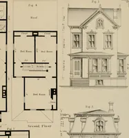 An illustration from Bicknell's village builder. Elevations and plans for cottages, villas, suburban residences, farm houses [etc.] also exterior and interior details for public and private buildings, with approved forms of contracts and specifications. Containing fifty-five plates drawn to scale (1872)