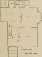 An illustration from Bicknell's village builder. Elevations and plans for cottages, villas, suburban residences, farm houses [etc.] also exterior and interior details for public and private buildings, with approved forms of contracts and specifications. Containing fifty-five plates drawn to scale (1872)