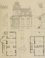An illustration from Bicknell's village builder. Elevations and plans for cottages, villas, suburban residences, farm houses [etc.] also exterior and interior details for public and private buildings, with approved forms of contracts and specifications. Containing fifty-five plates drawn to scale (1872)
