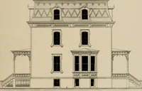 An illustration from Bicknell's village builder. Elevations and plans for cottages, villas, suburban residences, farm houses [etc.] also exterior and interior details for public and private buildings, with approved forms of contracts and specifications. Containing fifty-five plates drawn to scale (1872)