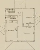 An illustration from Bicknell's village builder. Elevations and plans for cottages, villas, suburban residences, farm houses [etc.] also exterior and interior details for public and private buildings, with approved forms of contracts and specifications. Containing fifty-five plates drawn to scale (1872)