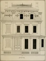 An illustration from Bicknell's village builder. Elevations and plans for cottages, villas, suburban residences, farm houses [etc.] also exterior and interior details for public and private buildings, with approved forms of contracts and specifications. Containing fifty-five plates drawn to scale (1872)