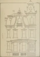 An illustration from Bicknell's village builder. Elevations and plans for cottages, villas, suburban residences, farm houses [etc.] also exterior and interior details for public and private buildings, with approved forms of contracts and specifications. Containing fifty-five plates drawn to scale (1872)