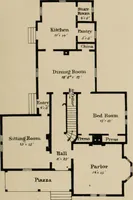 An illustration from Bicknell's village builder. Elevations and plans for cottages, villas, suburban residences, farm houses [etc.] also exterior and interior details for public and private buildings, with approved forms of contracts and specifications. Containing fifty-five plates drawn to scale (1872)