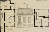 An illustration from Bicknell's village builder. Elevations and plans for cottages, villas, suburban residences, farm houses [etc.] also exterior and interior details for public and private buildings, with approved forms of contracts and specifications. Containing fifty-five plates drawn to scale (1872)