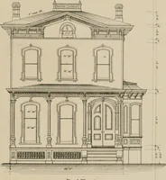 An illustration from Bicknell's village builder. Elevations and plans for cottages, villas, suburban residences, farm houses [etc.] also exterior and interior details for public and private buildings, with approved forms of contracts and specifications. Containing fifty-five plates drawn to scale (1872)