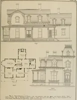 An illustration from Bicknell's village builder. Elevations and plans for cottages, villas, suburban residences, farm houses [etc.] also exterior and interior details for public and private buildings, with approved forms of contracts and specifications. Containing fifty-five plates drawn to scale (1872)