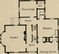 An illustration from Bicknell's village builder. Elevations and plans for cottages, villas, suburban residences, farm houses [etc.] also exterior and interior details for public and private buildings, with approved forms of contracts and specifications. Containing fifty-five plates drawn to scale (1872)