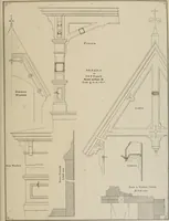 An illustration from Bicknell's village builder. Elevations and plans for cottages, villas, suburban residences, farm houses [etc.] also exterior and interior details for public and private buildings, with approved forms of contracts and specifications. Containing fifty-five plates drawn to scale (1872)