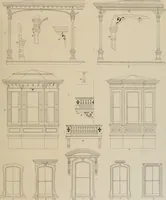 An illustration from Bicknell's village builder. Elevations and plans for cottages, villas, suburban residences, farm houses [etc.] also exterior and interior details for public and private buildings, with approved forms of contracts and specifications. Containing fifty-five plates drawn to scale (1872)