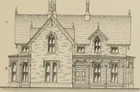 An illustration from Bicknell's village builder. Elevations and plans for cottages, villas, suburban residences, farm houses [etc.] also exterior and interior details for public and private buildings, with approved forms of contracts and specifications. Containing fifty-five plates drawn to scale (1872)