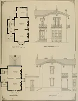 An illustration from Bicknell's village builder. Elevations and plans for cottages, villas, suburban residences, farm houses [etc.] also exterior and interior details for public and private buildings, with approved forms of contracts and specifications. Containing fifty-five plates drawn to scale (1872)