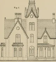An illustration from Bicknell's village builder. Elevations and plans for cottages, villas, suburban residences, farm houses [etc.] also exterior and interior details for public and private buildings, with approved forms of contracts and specifications. Containing fifty-five plates drawn to scale (1872)
