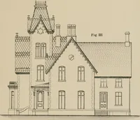 An illustration from Bicknell's village builder. Elevations and plans for cottages, villas, suburban residences, farm houses [etc.] also exterior and interior details for public and private buildings, with approved forms of contracts and specifications. Containing fifty-five plates drawn to scale (1872)