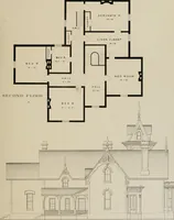 An illustration from Bicknell's village builder. Elevations and plans for cottages, villas, suburban residences, farm houses [etc.] also exterior and interior details for public and private buildings, with approved forms of contracts and specifications. Containing fifty-five plates drawn to scale (1872)