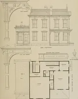 An illustration from Bicknell's village builder. Elevations and plans for cottages, villas, suburban residences, farm houses [etc.] also exterior and interior details for public and private buildings, with approved forms of contracts and specifications. Containing fifty-five plates drawn to scale (1872)