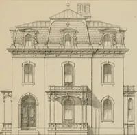 An illustration from Bicknell's village builder. Elevations and plans for cottages, villas, suburban residences, farm houses [etc.] also exterior and interior details for public and private buildings, with approved forms of contracts and specifications. Containing fifty-five plates drawn to scale (1872)