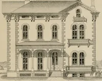 An illustration from Bicknell's village builder. Elevations and plans for cottages, villas, suburban residences, farm houses [etc.] also exterior and interior details for public and private buildings, with approved forms of contracts and specifications. Containing fifty-five plates drawn to scale (1872)