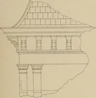 An illustration from Bicknell's village builder. Elevations and plans for cottages, villas, suburban residences, farm houses [etc.] also exterior and interior details for public and private buildings, with approved forms of contracts and specifications. Containing fifty-five plates drawn to scale (1872)