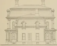 An illustration from Bicknell's village builder. Elevations and plans for cottages, villas, suburban residences, farm houses [etc.] also exterior and interior details for public and private buildings, with approved forms of contracts and specifications. Containing fifty-five plates drawn to scale (1872)