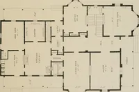 An illustration from Bicknell's village builder. Elevations and plans for cottages, villas, suburban residences, farm houses [etc.] also exterior and interior details for public and private buildings, with approved forms of contracts and specifications. Containing fifty-five plates drawn to scale (1872)
