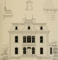 An illustration from Bicknell's village builder. Elevations and plans for cottages, villas, suburban residences, farm houses [etc.] also exterior and interior details for public and private buildings, with approved forms of contracts and specifications. Containing fifty-five plates drawn to scale (1872)