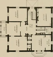 An illustration from Bicknell's village builder. Elevations and plans for cottages, villas, suburban residences, farm houses [etc.] also exterior and interior details for public and private buildings, with approved forms of contracts and specifications. Containing fifty-five plates drawn to scale (1872)