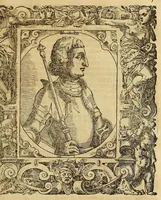 An illustration from Bildnisse viler zum Theyle vou [sic] vralten, zum Theyle von newlichern Zeiten her, Kriegs vnd anderer weltlicher Hänndel halben, bej Christen vnnd Vnchristen gewesener berühmter Keyser, Könige, Fürsten, Grauen vnd Edeln, in massen dieselbige Paulus Iouius, vorweilen Bischoff von Nocera, durch allerley Gelegenheyt zusammen gebracht, vnd in seiner Bibliotheca oder Librareje zu Newen Como abgemalt hinderlassen. : Mit kurtzverfassten Beschreibungen jhres jedes geführten Lebens vnd Wesens, dardurch sie fürnemlich in Gutem oder Bösem bekannt vnd namhafftig worden, etlicher massen aus Pauli Iouij, vnd gleichwol mehrern theyls, aus andern in latinischer, italianischer, franzosischer, spanischer vnnd teutscher Sprache aussgangenen Chronicken vnd Historien zum fleissigsten erklärt, vnd jetz erstlich in offenen Truck verordnet: (1582)