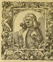 An illustration from Bildnisse viler zum Theyle vou [sic] vralten, zum Theyle von newlichern Zeiten her, Kriegs vnd anderer weltlicher Hänndel halben, bej Christen vnnd Vnchristen gewesener berühmter Keyser, Könige, Fürsten, Grauen vnd Edeln, in massen dieselbige Paulus Iouius, vorweilen Bischoff von Nocera, durch allerley Gelegenheyt zusammen gebracht, vnd in seiner Bibliotheca oder Librareje zu Newen Como abgemalt hinderlassen. : Mit kurtzverfassten Beschreibungen jhres jedes geführten Lebens vnd Wesens, dardurch sie fürnemlich in Gutem oder Bösem bekannt vnd namhafftig worden, etlicher massen aus Pauli Iouij, vnd gleichwol mehrern theyls, aus andern in latinischer, italianischer, franzosischer, spanischer vnnd teutscher Sprache aussgangenen Chronicken vnd Historien zum fleissigsten erklärt, vnd jetz erstlich in offenen Truck verordnet: (1582)