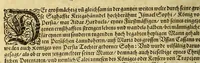 An illustration from Bildnisse viler zum Theyle vou [sic] vralten, zum Theyle von newlichern Zeiten her, Kriegs vnd anderer weltlicher Hänndel halben, bej Christen vnnd Vnchristen gewesener berühmter Keyser, Könige, Fürsten, Grauen vnd Edeln, in massen dieselbige Paulus Iouius, vorweilen Bischoff von Nocera, durch allerley Gelegenheyt zusammen gebracht, vnd in seiner Bibliotheca oder Librareje zu Newen Como abgemalt hinderlassen. : Mit kurtzverfassten Beschreibungen jhres jedes geführten Lebens vnd Wesens, dardurch sie fürnemlich in Gutem oder Bösem bekannt vnd namhafftig worden, etlicher massen aus Pauli Iouij, vnd gleichwol mehrern theyls, aus andern in latinischer, italianischer, franzosischer, spanischer vnnd teutscher Sprache aussgangenen Chronicken vnd Historien zum fleissigsten erklärt, vnd jetz erstlich in offenen Truck verordnet: (1582)