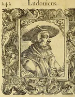 An illustration from Bildnisse viler zum Theyle vou [sic] vralten, zum Theyle von newlichern Zeiten her, Kriegs vnd anderer weltlicher Hänndel halben, bej Christen vnnd Vnchristen gewesener berühmter Keyser, Könige, Fürsten, Grauen vnd Edeln, in massen dieselbige Paulus Iouius, vorweilen Bischoff von Nocera, durch allerley Gelegenheyt zusammen gebracht, vnd in seiner Bibliotheca oder Librareje zu Newen Como abgemalt hinderlassen. : Mit kurtzverfassten Beschreibungen jhres jedes geführten Lebens vnd Wesens, dardurch sie fürnemlich in Gutem oder Bösem bekannt vnd namhafftig worden, etlicher massen aus Pauli Iouij, vnd gleichwol mehrern theyls, aus andern in latinischer, italianischer, franzosischer, spanischer vnnd teutscher Sprache aussgangenen Chronicken vnd Historien zum fleissigsten erklärt, vnd jetz erstlich in offenen Truck verordnet: (1582)