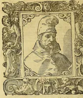An illustration from Bildnisse viler zum Theyle vou [sic] vralten, zum Theyle von newlichern Zeiten her, Kriegs vnd anderer weltlicher Hänndel halben, bej Christen vnnd Vnchristen gewesener berühmter Keyser, Könige, Fürsten, Grauen vnd Edeln, in massen dieselbige Paulus Iouius, vorweilen Bischoff von Nocera, durch allerley Gelegenheyt zusammen gebracht, vnd in seiner Bibliotheca oder Librareje zu Newen Como abgemalt hinderlassen. : Mit kurtzverfassten Beschreibungen jhres jedes geführten Lebens vnd Wesens, dardurch sie fürnemlich in Gutem oder Bösem bekannt vnd namhafftig worden, etlicher massen aus Pauli Iouij, vnd gleichwol mehrern theyls, aus andern in latinischer, italianischer, franzosischer, spanischer vnnd teutscher Sprache aussgangenen Chronicken vnd Historien zum fleissigsten erklärt, vnd jetz erstlich in offenen Truck verordnet: (1582)