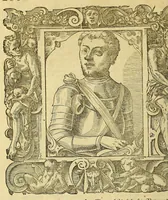 An illustration from Bildnisse viler zum Theyle vou [sic] vralten, zum Theyle von newlichern Zeiten her, Kriegs vnd anderer weltlicher Hänndel halben, bej Christen vnnd Vnchristen gewesener berühmter Keyser, Könige, Fürsten, Grauen vnd Edeln, in massen dieselbige Paulus Iouius, vorweilen Bischoff von Nocera, durch allerley Gelegenheyt zusammen gebracht, vnd in seiner Bibliotheca oder Librareje zu Newen Como abgemalt hinderlassen. : Mit kurtzverfassten Beschreibungen jhres jedes geführten Lebens vnd Wesens, dardurch sie fürnemlich in Gutem oder Bösem bekannt vnd namhafftig worden, etlicher massen aus Pauli Iouij, vnd gleichwol mehrern theyls, aus andern in latinischer, italianischer, franzosischer, spanischer vnnd teutscher Sprache aussgangenen Chronicken vnd Historien zum fleissigsten erklärt, vnd jetz erstlich in offenen Truck verordnet: (1582)