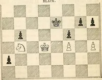 An illustration from The book of chess: containing the rudiments of the game, and elementary analyses of the most popular openings ; exemplified in games actually played by the greatest masters; including Staunton's analysis of the king's and queen's gambits, numerous positions and problems on diagrams, both original and selected; also a series of chess tales, with illustrations engraved from original designs ; the whole extracted and translated from the best sources (1857)